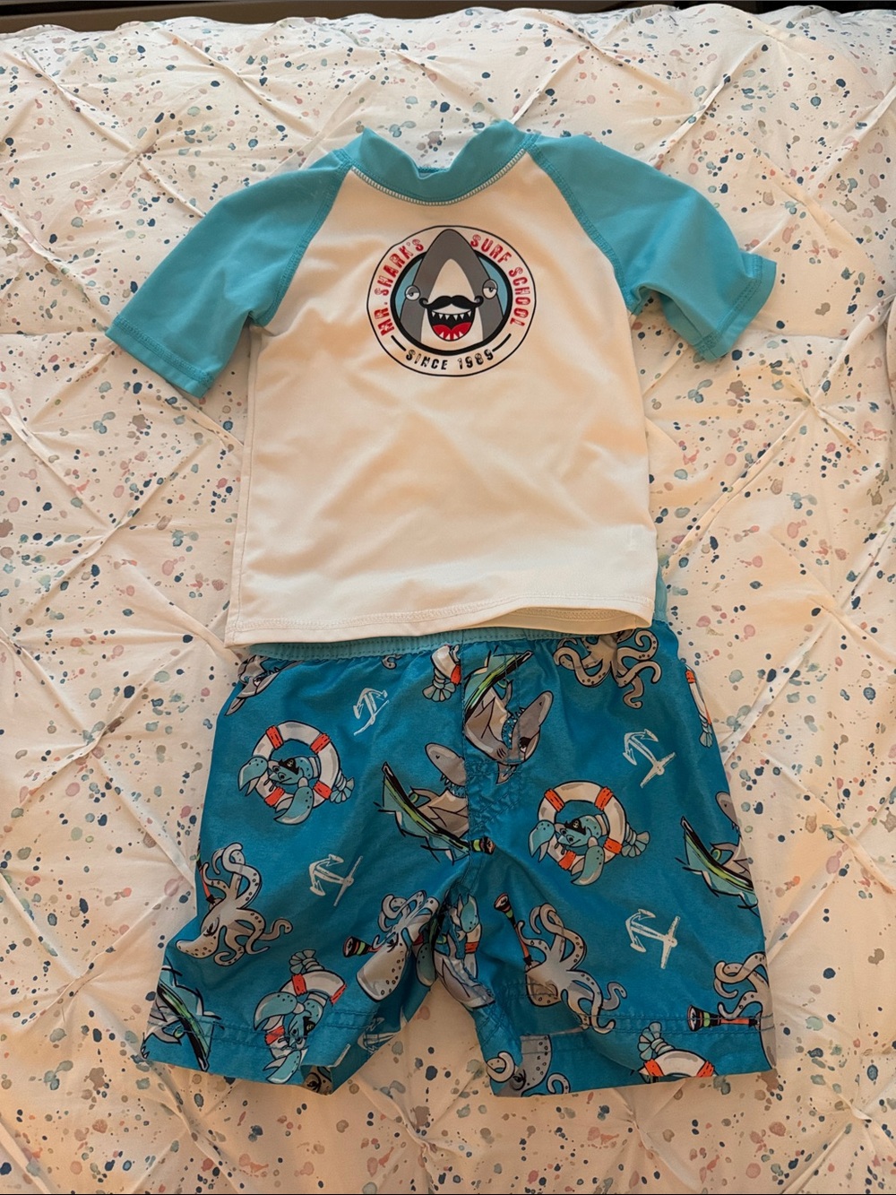 The Children's Place Teal & White Shark Rashguard Swim Set